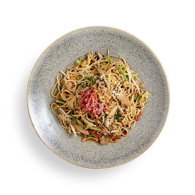 chicken + prawn yaki soba